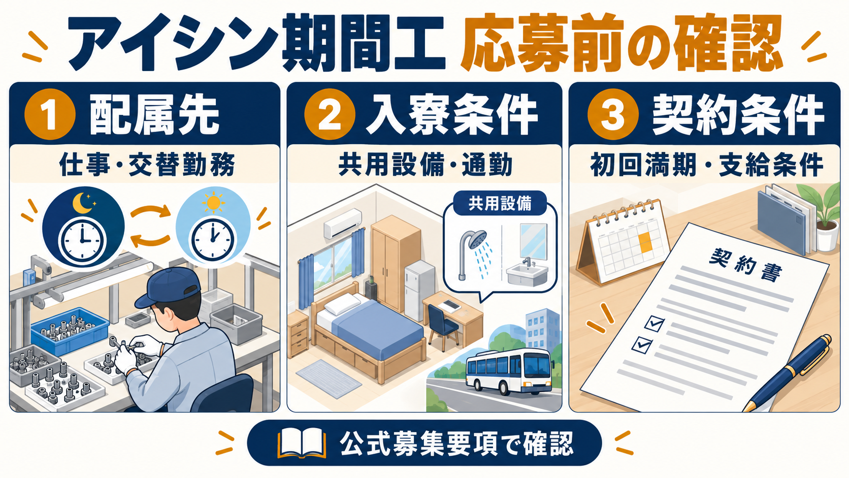アイシン期間工の応募前に、配属先・入寮条件・契約条件を確かめる図。交替勤務の時計、寮と共用設備、契約書を描いている。