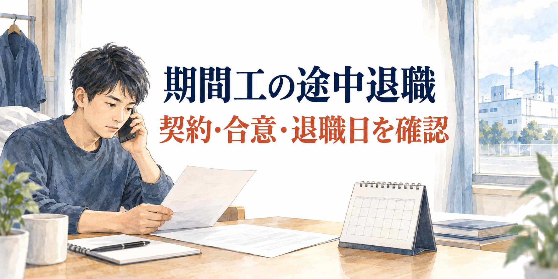 期間工の途中退職を考える人が、寮の机で契約書とカレンダーを確認しながら電話で相談する説明用イラスト。