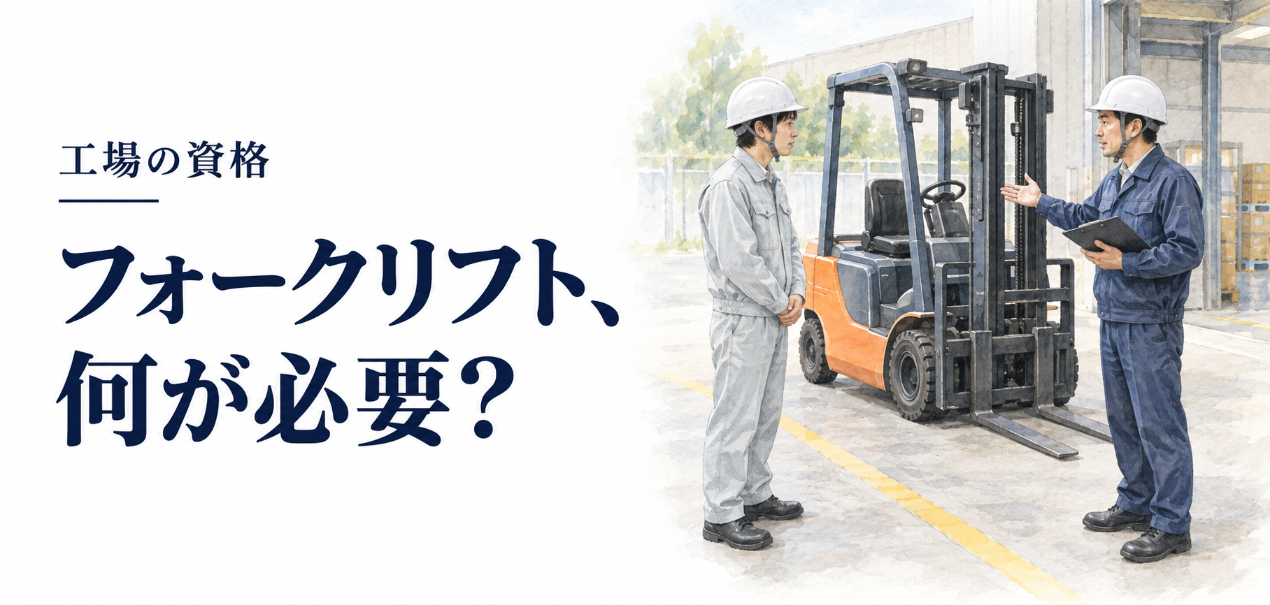 工場 フォークリフト 資格：停止したフォークリフトと講習資料のイラスト