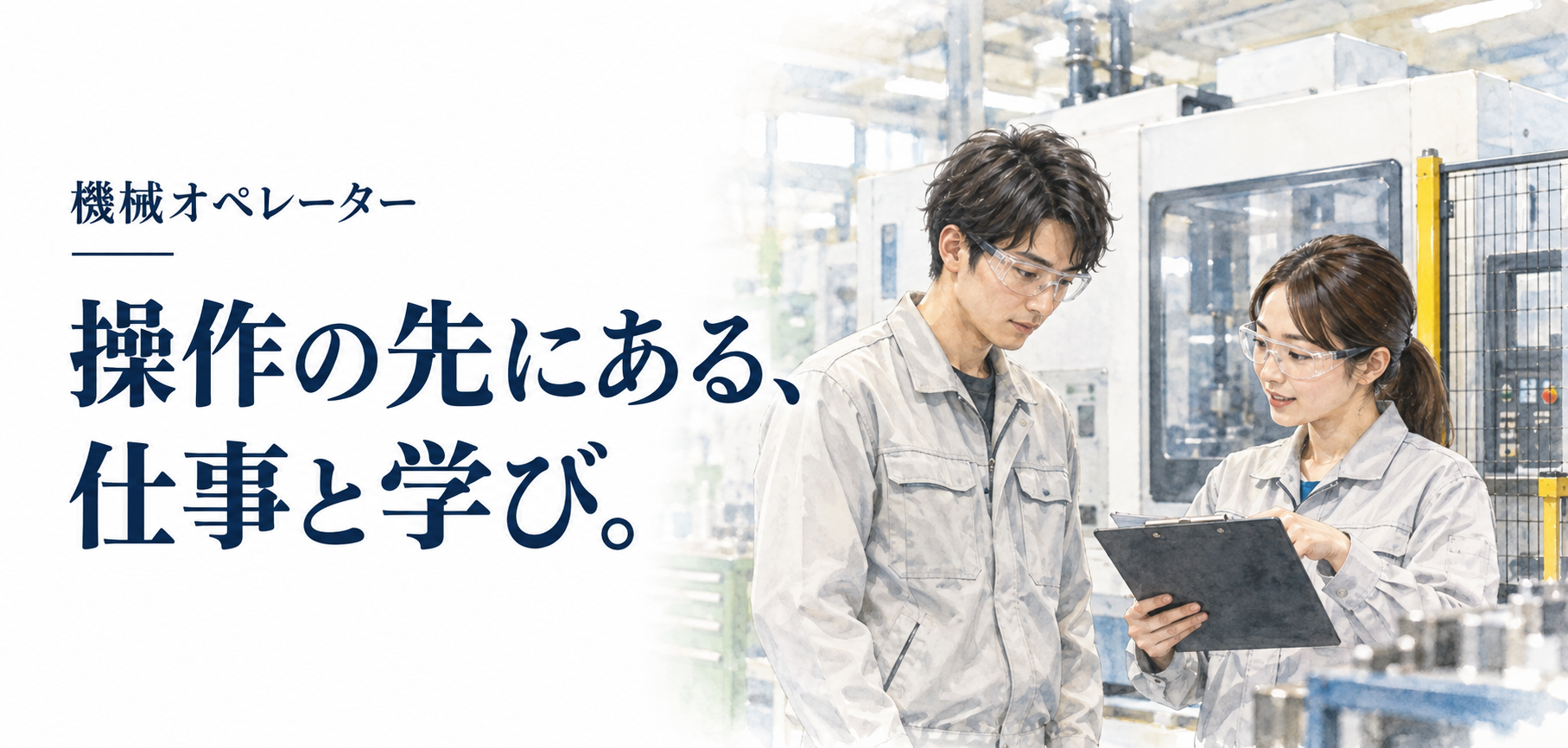 工場 機械オペレーター：安全柵の外で設備を確認する作業者のイラスト
