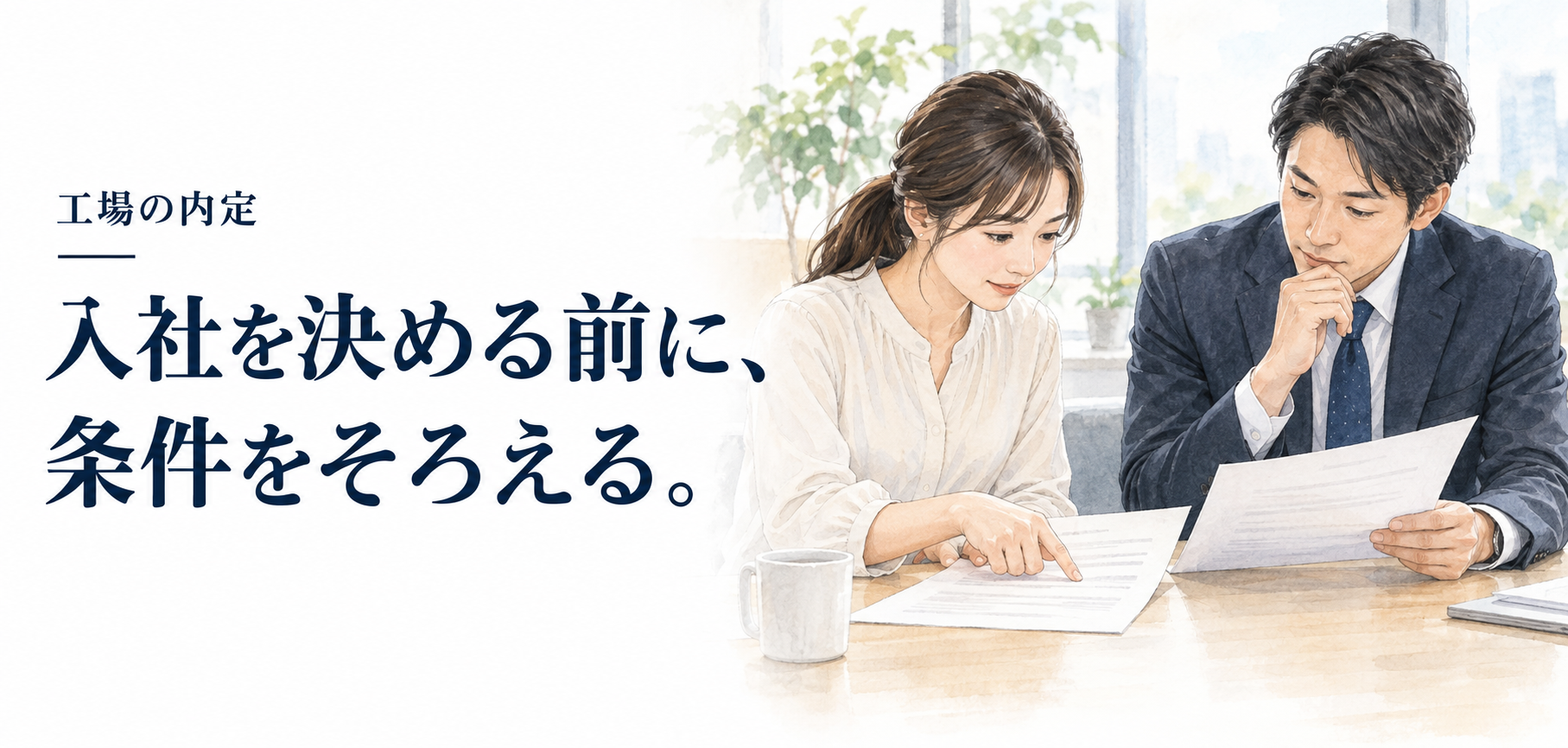 工場 内定：入社前の条件書類を照合する人のイラスト