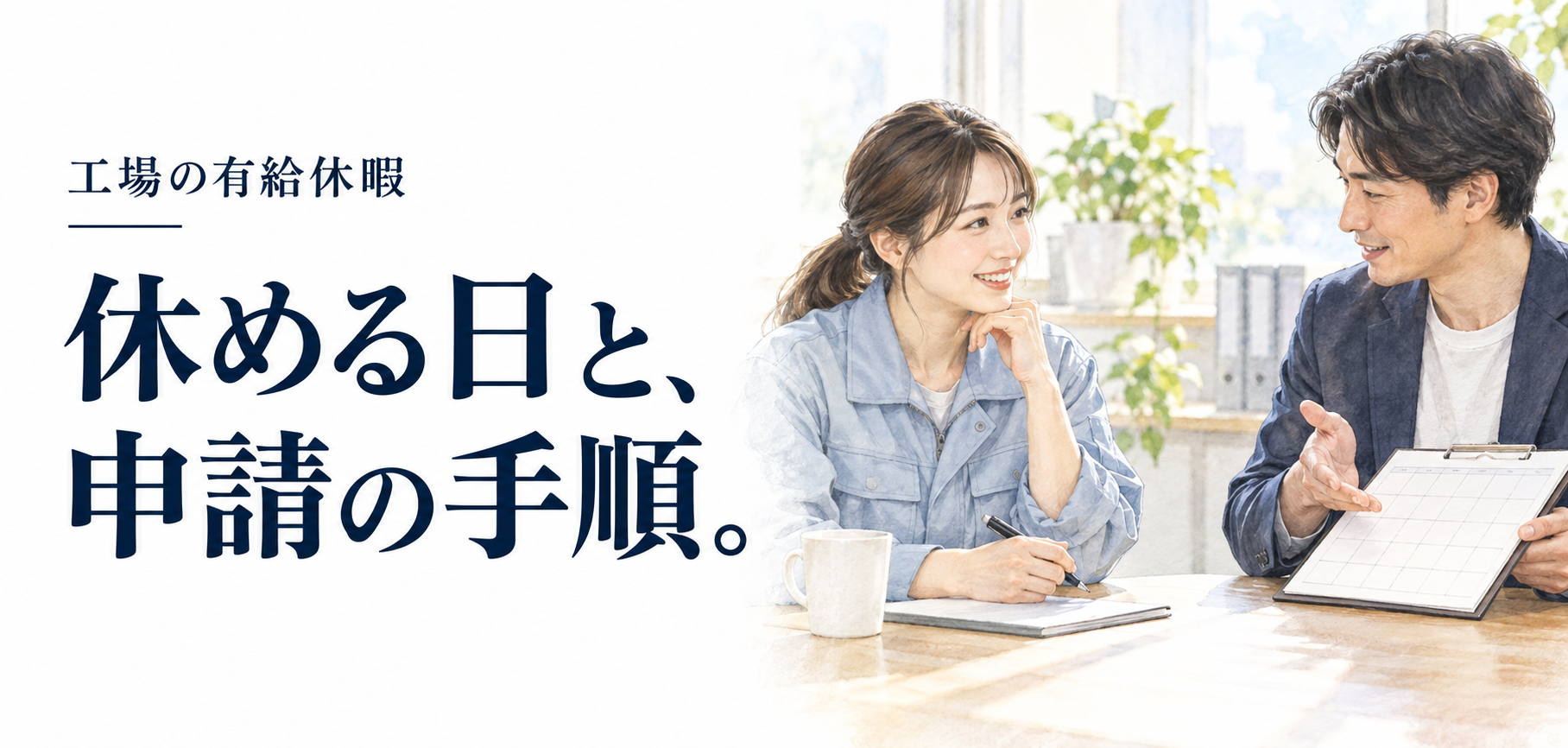 工場 有給休暇：カレンダーと申請用紙を確かめる作業者のイラスト