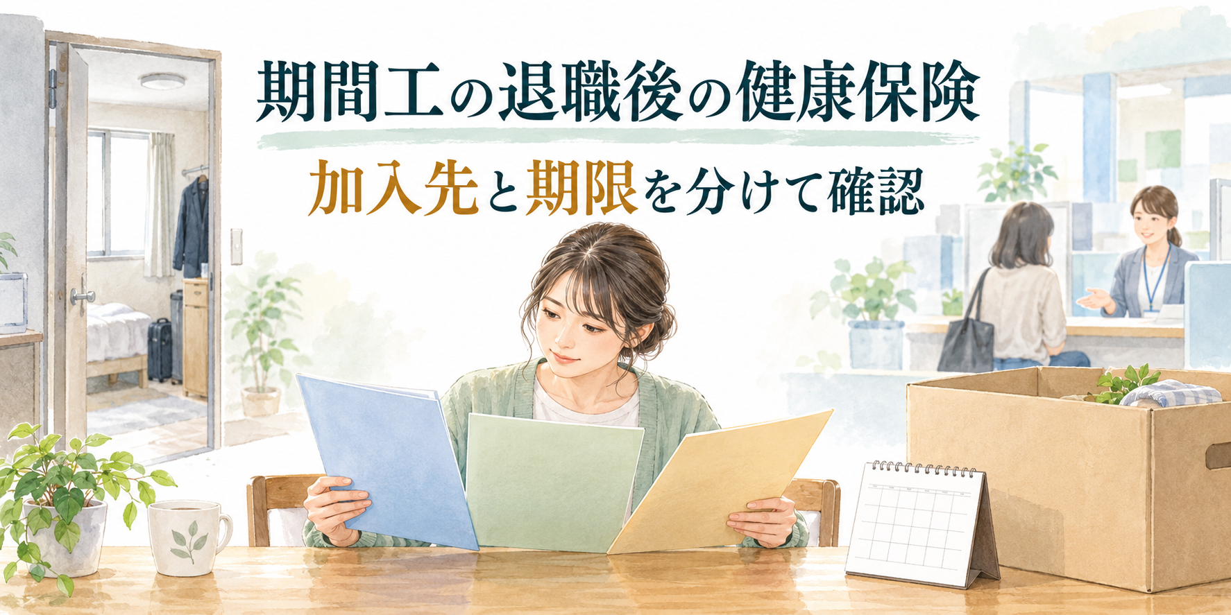 期間工の退職後の健康保険を調べる人が、3冊の書類とカレンダーを見比べる。引越し箱と相談窓口を描いた説明用イラスト。