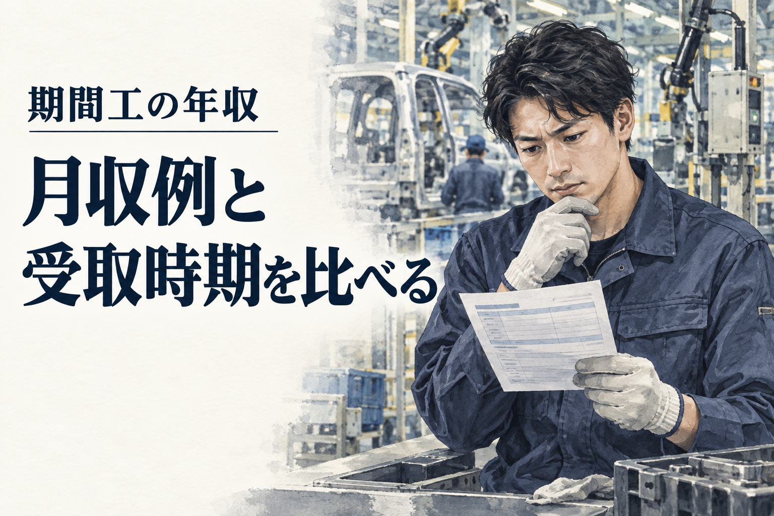 期間工の年収：月収例と受取時期を比べる。給与資料を読む工場作業者のイラスト
