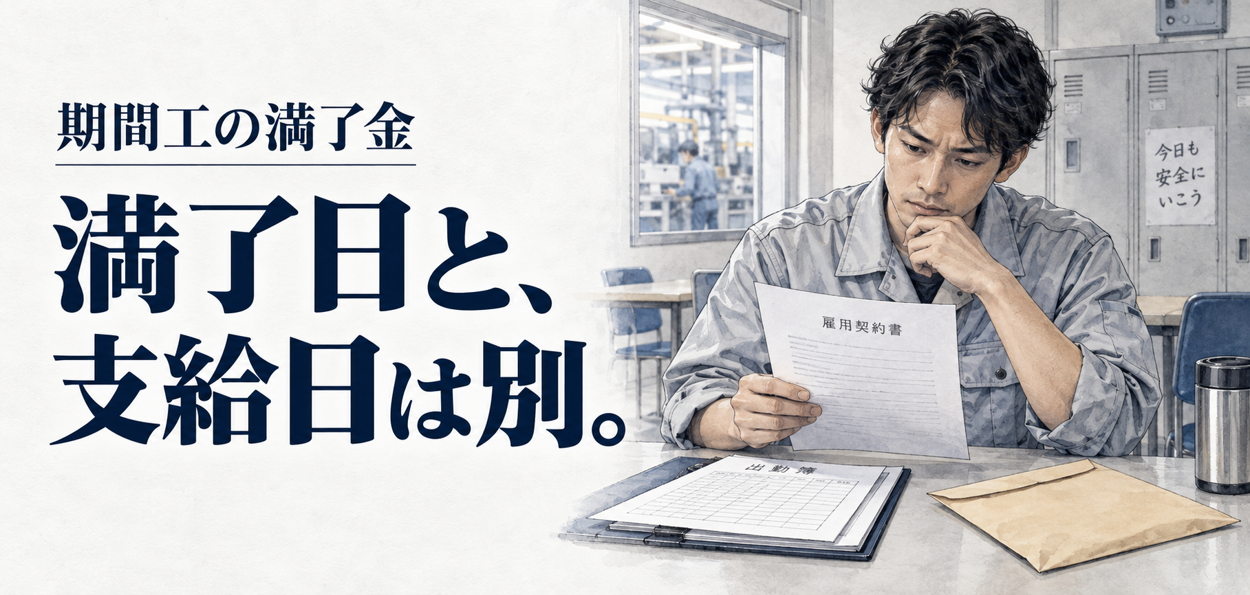 期間工・満了金：満了日と、支給日は別。 条件を確認する場面のイラスト