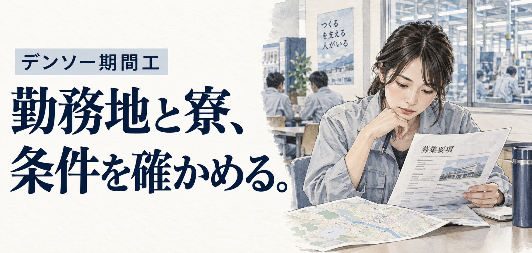 期間工・デンソー：勤務地と寮、条件を確かめる。 条件を確認する場面のイラスト