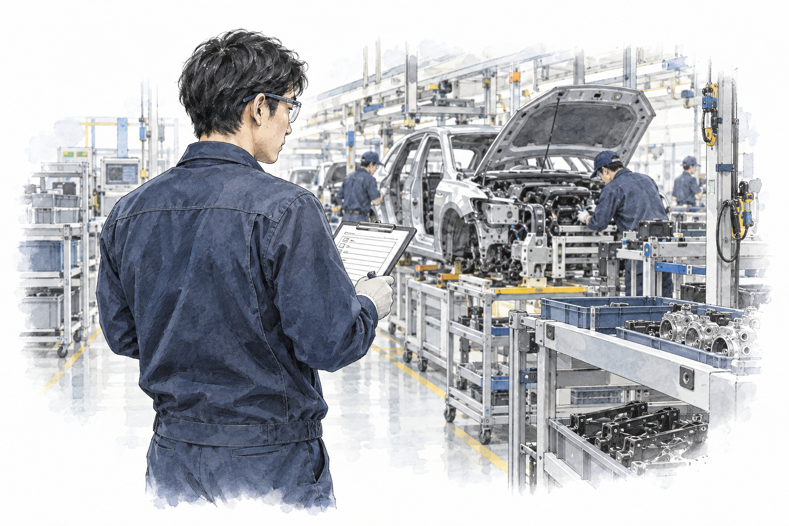 工場の工程と作業手順を確認する作業者のイラスト