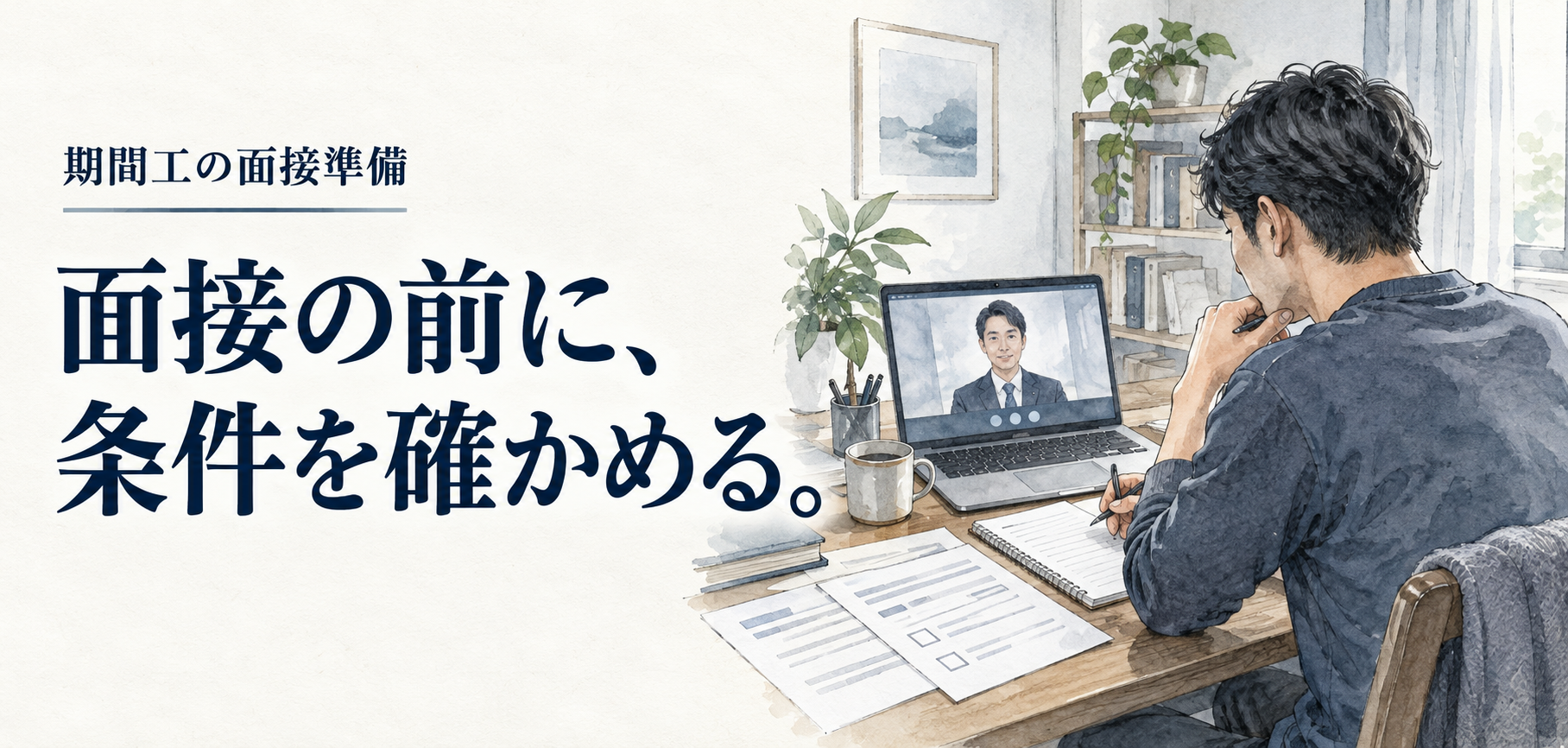 期間工・面接：面接の前に、条件を確かめる。 条件を確認する場面のイラスト