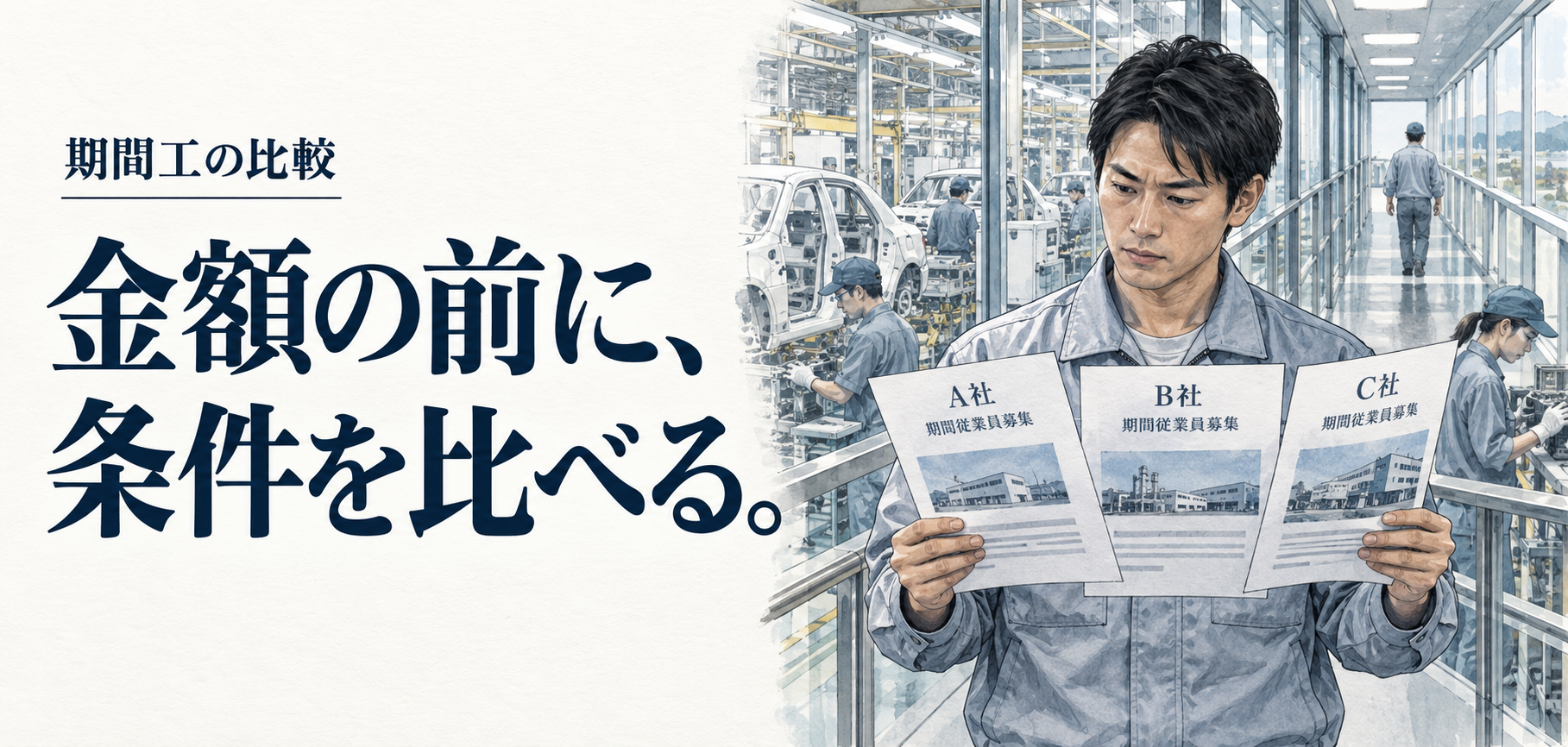 期間工・比較：金額の前に、条件を比べる。 条件を確認する場面のイラスト