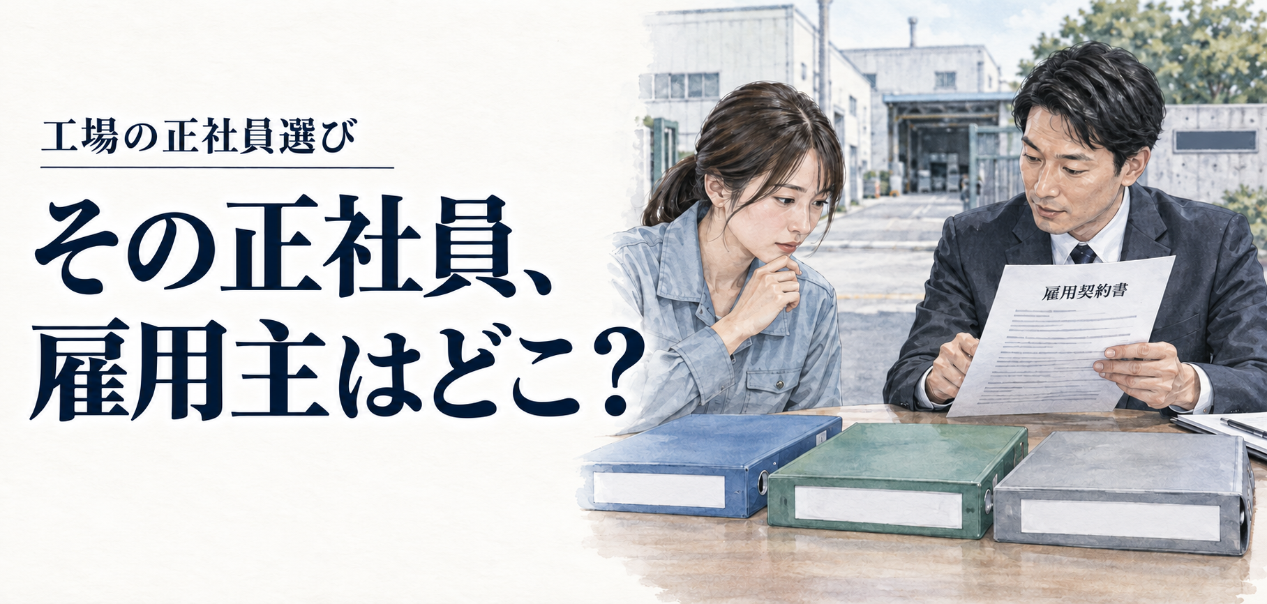 工場・正社員：その正社員、雇用主はどこ？ 条件を確認する場面のイラスト
