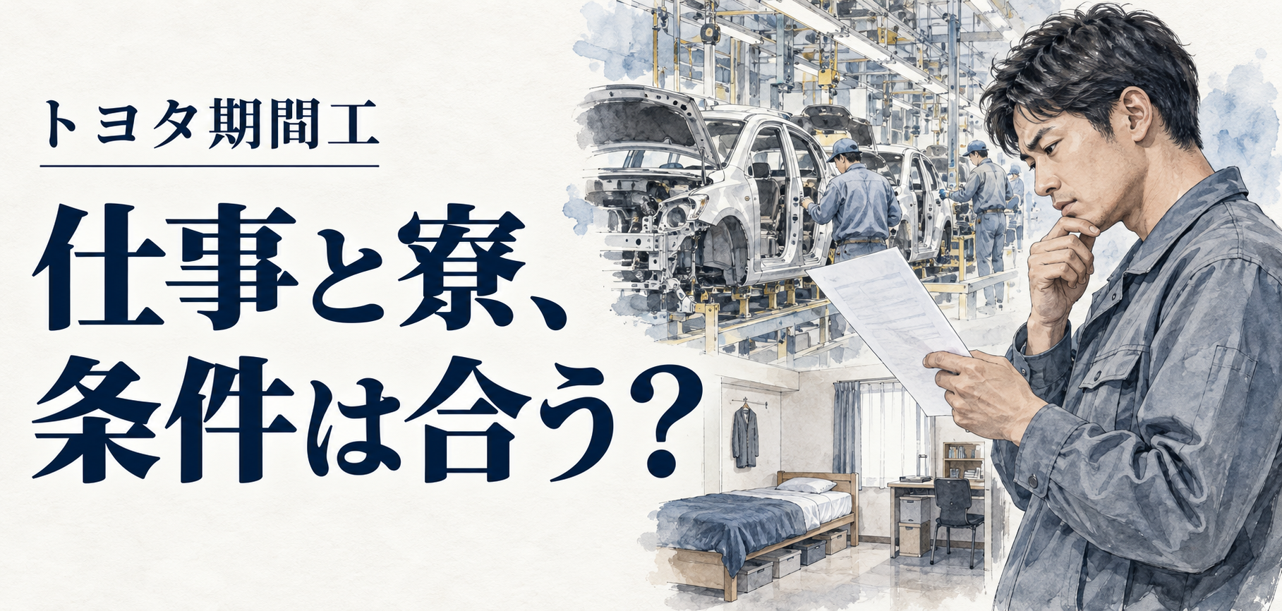 トヨタ期間工：仕事と寮、条件は合う？ 条件を確認する場面のイラスト