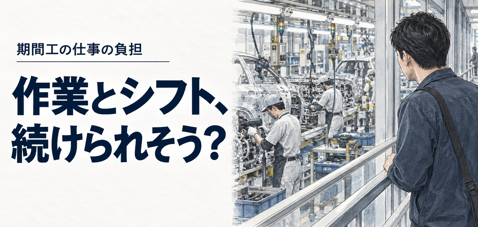 期間工・きつい：作業とシフト、続けられそう？ 条件を確認する場面のイラスト