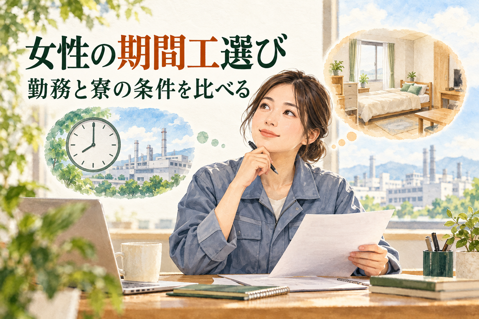 期間工を選ぶ女性が応募書類を読み、勤務時刻と単身の寮の条件を見比べるイラスト。