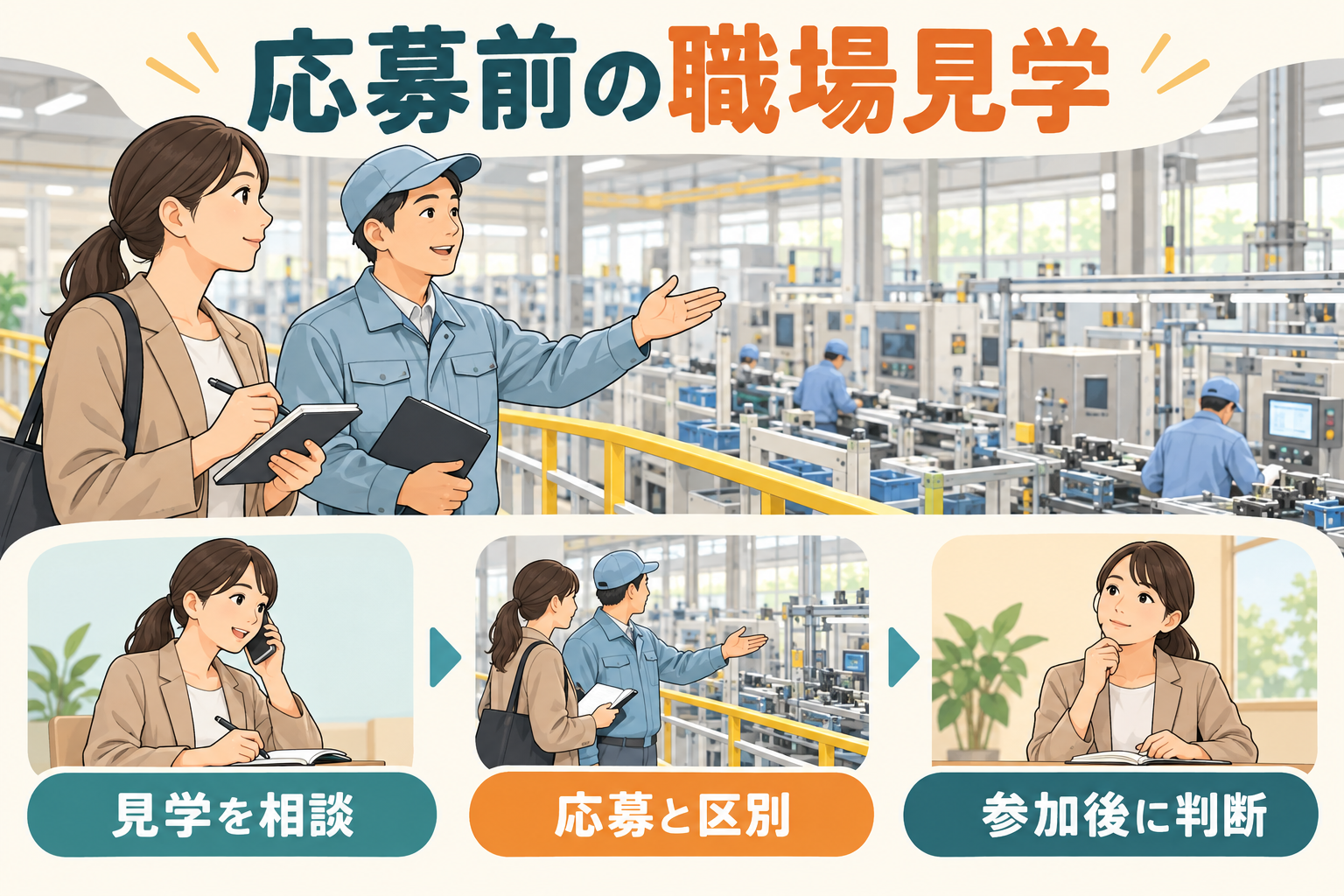 工場への転職で応募前の職場見学を相談し、応募と区別して参加後に判断する流れのイラスト