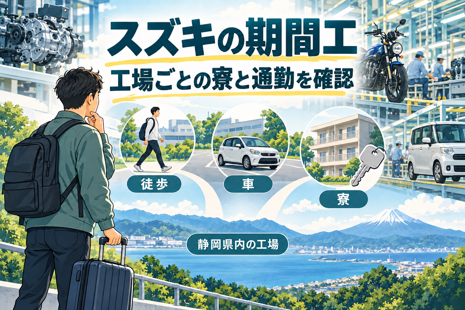 スズキの期間工を考える人がスーツケースを持ち、徒歩・車・寮の3つの図を見ているイラスト。工場ごとの通勤と入寮条件を確認する場面。