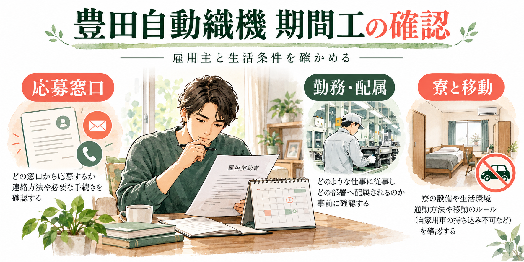 豊田自動織機の期間工を検討する人が契約書とカレンダーを見比べ、応募窓口・勤務と配属・寮と移動を確認するイラスト。