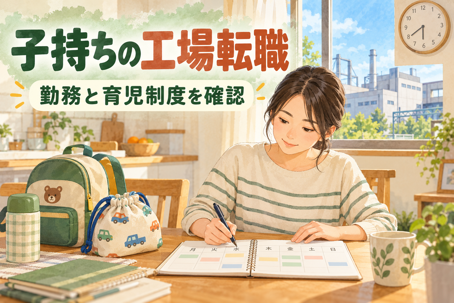 子持ちで工場への転職を考える親が、通園バッグと勤務予定のノートを並べるイラスト。勤務と育児制度を確認する場面を描いている。